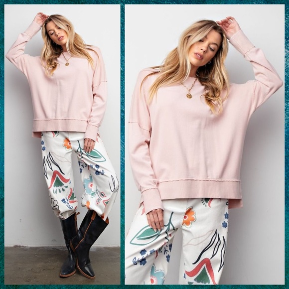 EASEL "SUPER COZY" Mineral Washed Distressed Seams Long Sleeved Top W/Side Slits - Picture 7 of 13